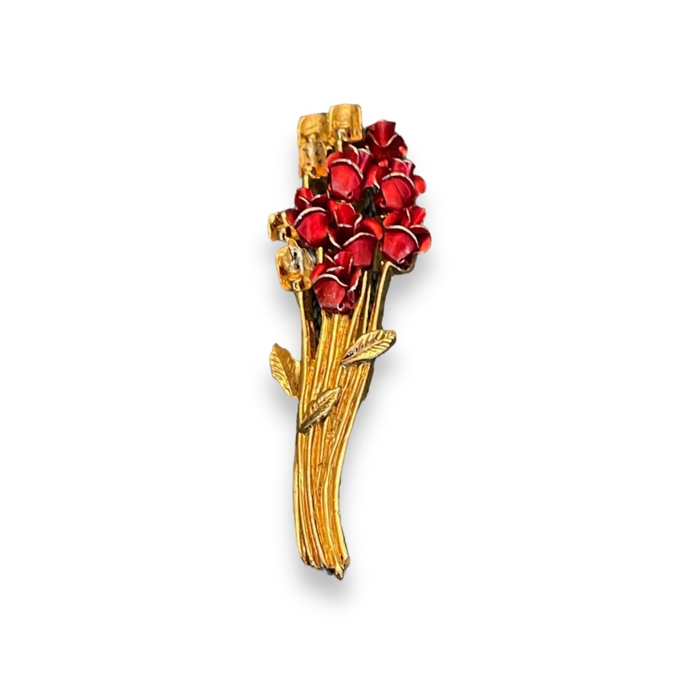 320 Vintage 1997 Signed DM Goldtone Red Enamel ROSES BOUQUET Pin Brooch 🩷